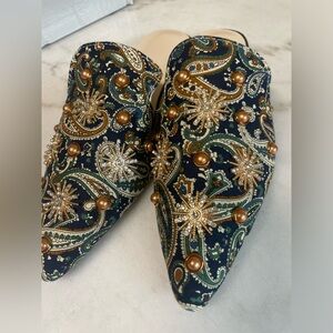 Navy Cream adorned stoned  slip on size 41 8.5 brand new nib slides slip-on nib